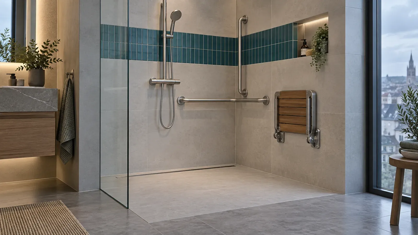 Douche extra-plate avec siège et barres d’appui